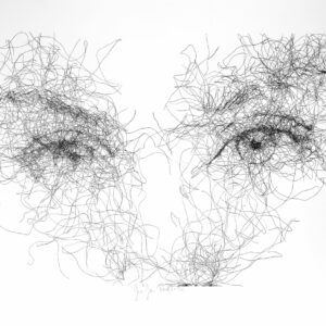 Les yeux d'Anita. Gros plan en scribble (gribouilis) des yeux d'une femme.