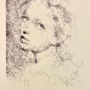 La perle. Portrait en scribble (gribouilis) d'une jeune fille évoquant le cléèbre tableau de Vermeer intitulé "La jeune fille à la perle".