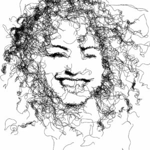 Lisa. Portrait en scribble (gribouilis) d'une jeune femme aux cheveux bouclés.