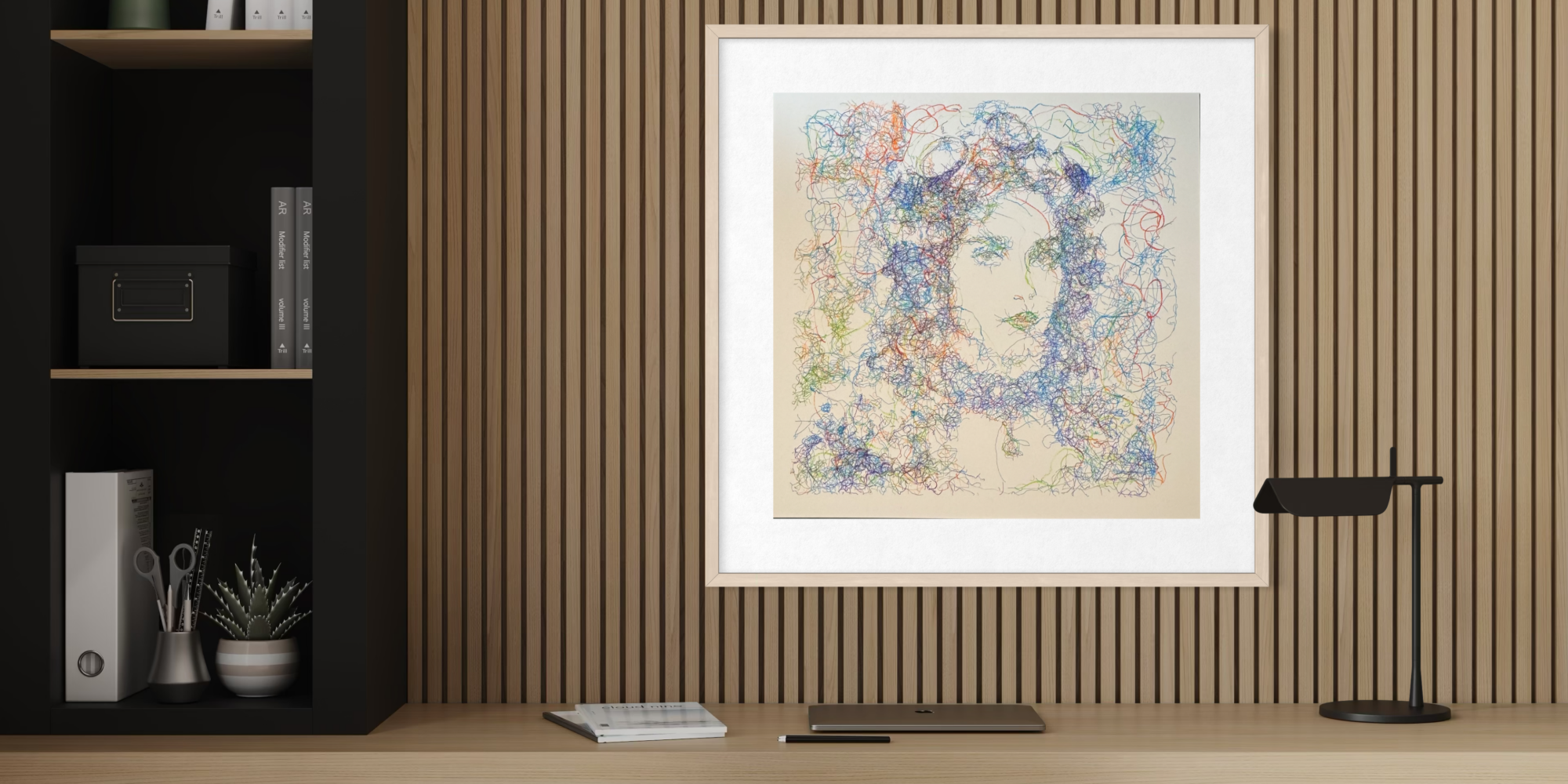 Bureau avec art abstrait portrait féminin coloré.