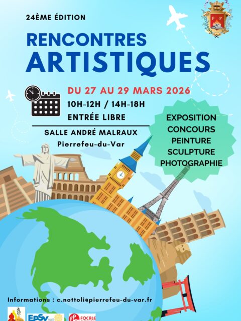 Du 27 au 29 mars, j’exposerai deux œuvres aux 24èmes Rencontres Artistiques de Pierrefeu-du-Var, dans la salle André Malraux. Je participerai au concours avec l’espoir d’être primé, bien sûr !Si vous venez m’y retrouver, je me ferai un plaisir de vous accueillir et d’échanger avec vous.Bise à toutes et à tous