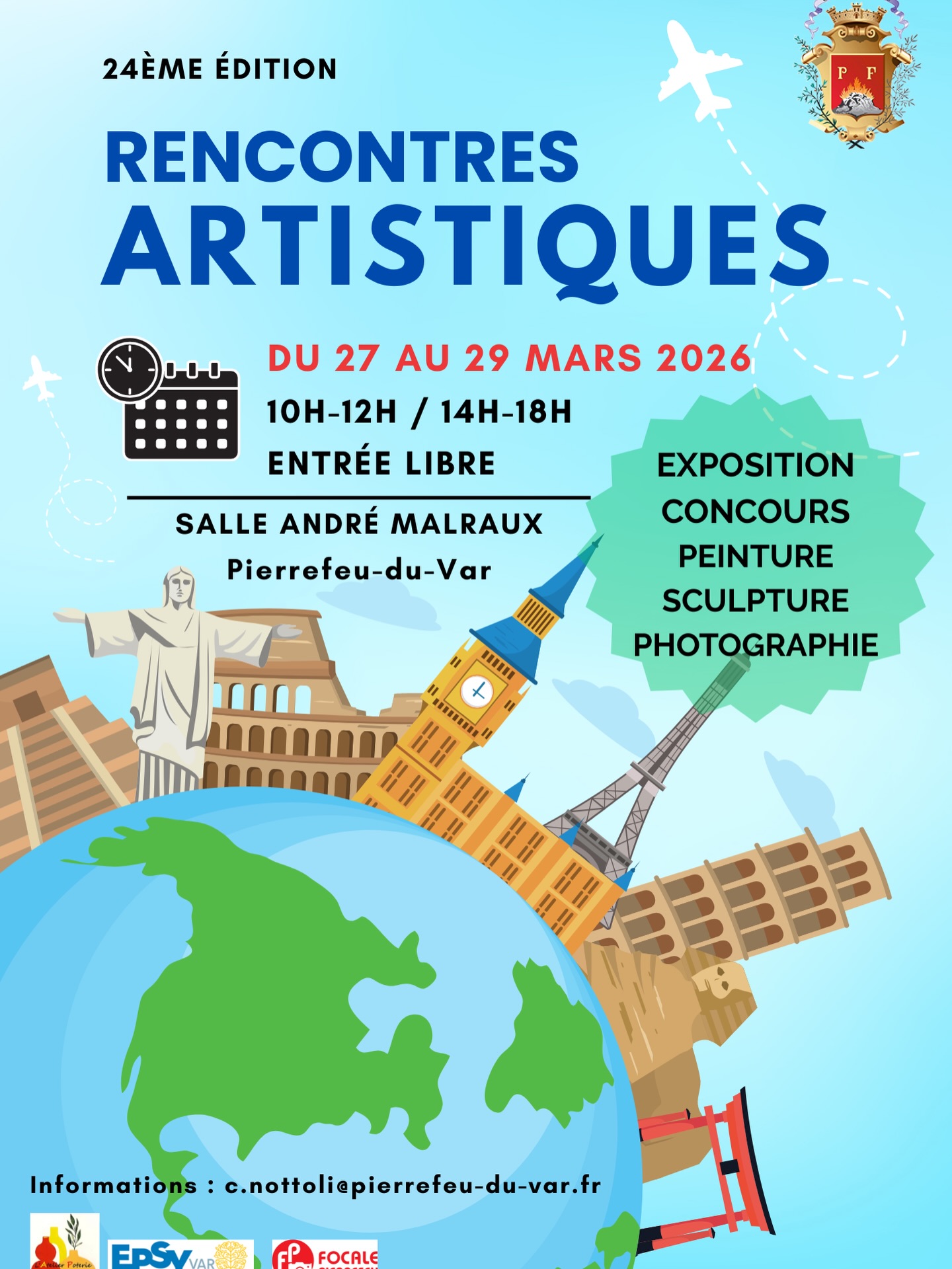 Du 27 au 29 mars, j’exposerai deux œuvres aux 24èmes Rencontres Artistiques de Pierrefeu-du-Var, dans la salle André Malraux. Je participerai au concours avec l’espoir d’être primé, bien sûr !Si vous venez m’y retrouver, je me ferai un plaisir de vous accueillir et d’échanger avec vous.Bise à toutes et à tous